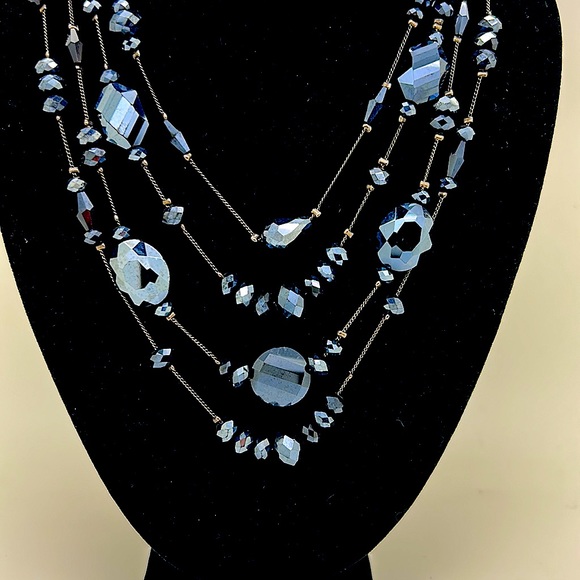 Black Cut Glass Beaded Four Strand Necklace w/Matching Dangle Earrings/16”-20” - Picture 2 of 4